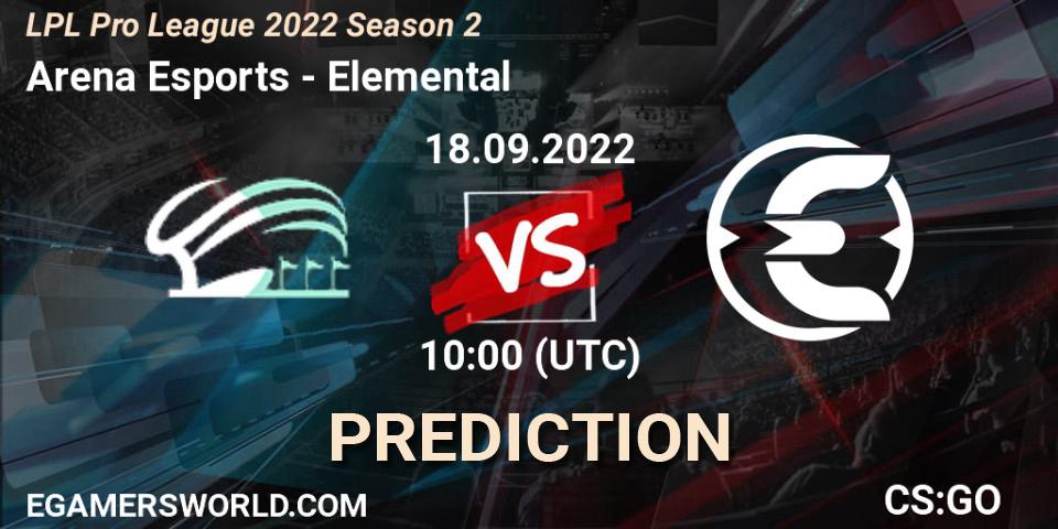 Arena Esports contre Elemental : prédiction de match. 18.09.2022 at 10:00. Counter-Strike (CS2), LPL Pro League 2022 Season 2
