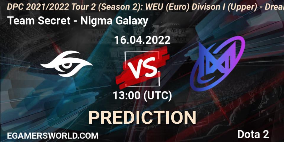 Team Secret contre Nigma Galaxy : prédiction de match. 16.04.2022 at 12:57. Dota 2, DPC 2021/2022 Tour 2 (Season 2): WEU (Euro) Divison I (Upper) - DreamLeague Season 17