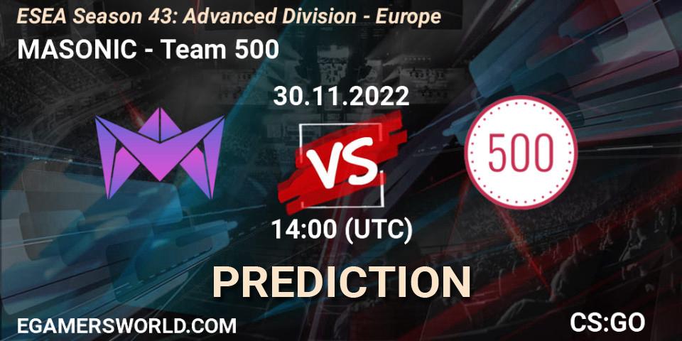 MASONIC contre Team 500 : prédiction de match. 30.11.22. CS2 (CS:GO), ESEA Season 43: Advanced Division - Europe