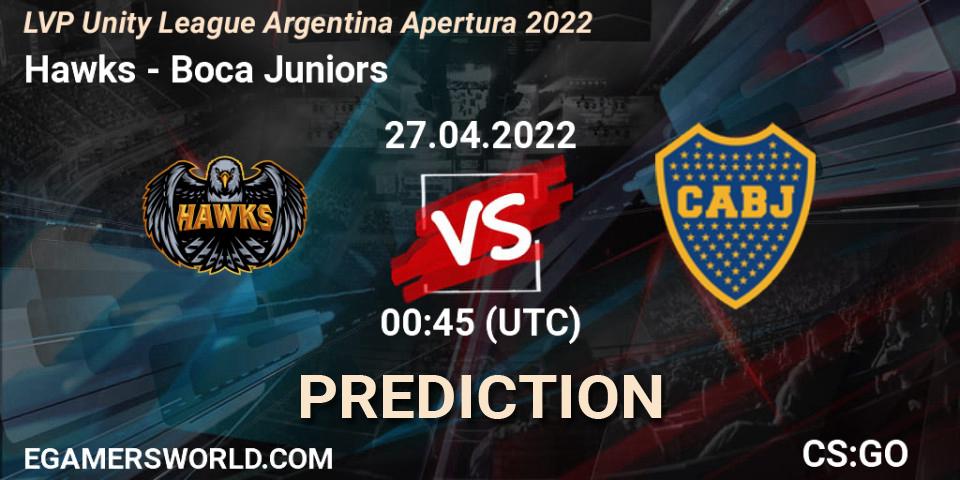 Hawks contre Boca Juniors : prédiction de match. 27.04.2022 at 00:45. Counter-Strike (CS2), LVP Unity League Argentina Apertura 2022