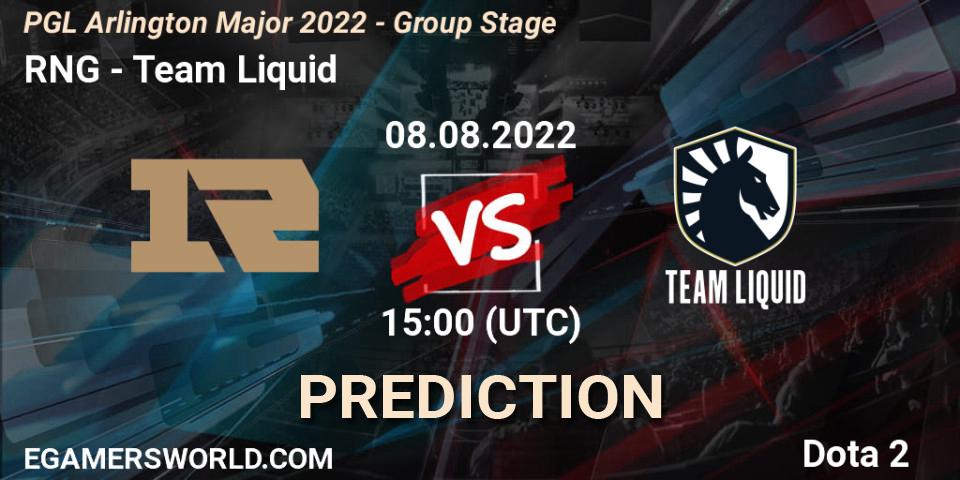 RNG contre Team Liquid : prédiction de match. 08.08.2022 at 15:00. Dota 2, PGL Arlington Major 2022 - Group Stage
