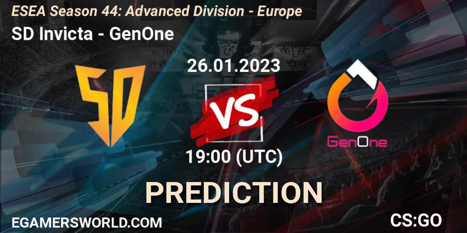 SD Invicta contre GenOne : prédiction de match. 26.01.2023 at 19:00. Counter-Strike (CS2), ESEA Season 44: Advanced Division - Europe