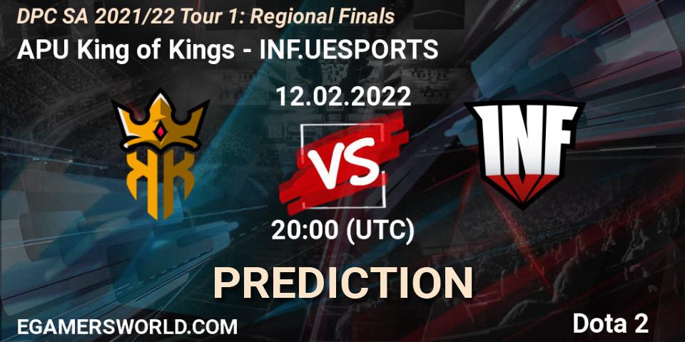 APU King of Kings contre INF.UESPORTS : prédiction de match. 12.02.2022 at 20:06. Dota 2, DPC SA 2021/22 Tour 1: Regional Finals