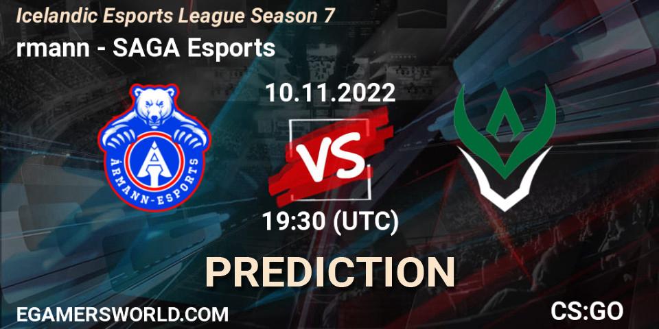Ármann contre SAGA Esports : prédiction de match. 10.11.2022 at 19:30. Counter-Strike (CS2), Icelandic Esports League Season 7