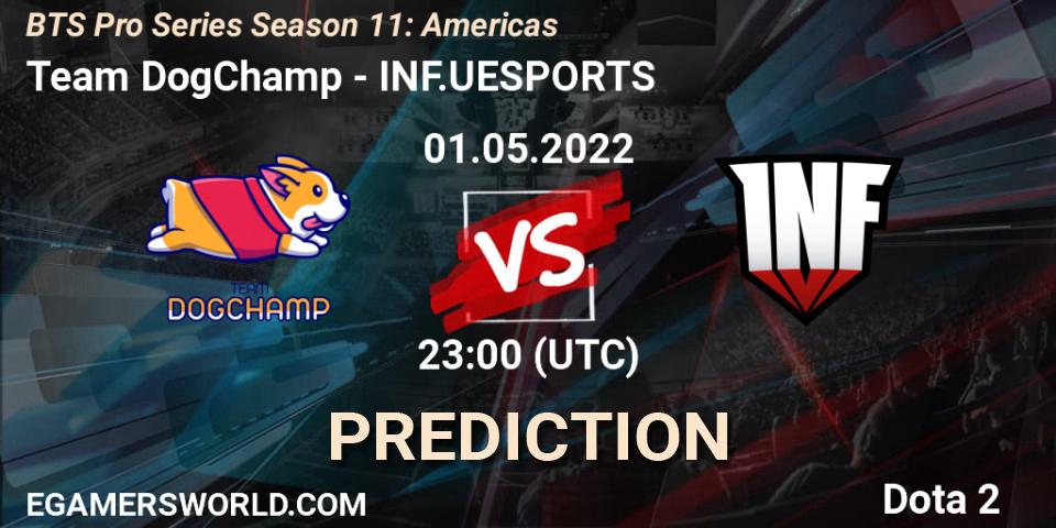 Team DogChamp contre INF.UESPORTS : prédiction de match. 01.05.2022 at 22:53. Dota 2, BTS Pro Series Season 11: Americas