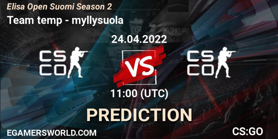 Team temp contre myllysuola : prédiction de match. 24.04.2022 at 11:00. Counter-Strike (CS2), Elisa Open Suomi Season 2