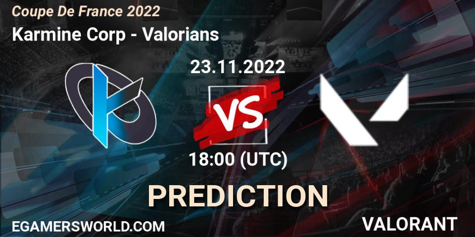 Karmine Corp contre Valorians : prédiction de match. 23.11.2022 at 17:30. VALORANT, Coupe De France 2022
