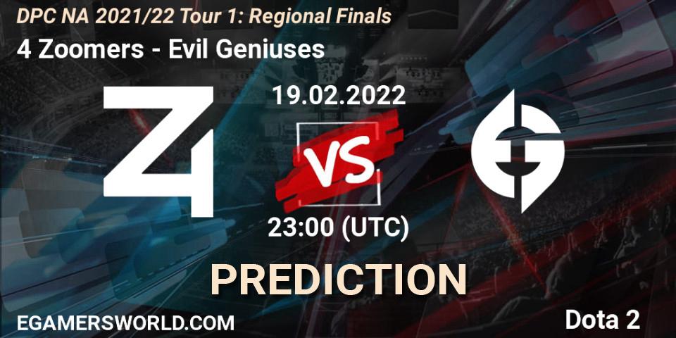 4 Zoomers contre Evil Geniuses : prédiction de match. 19.02.2022 at 23:03. Dota 2, DPC NA 2021/22 Tour 1: Regional Finals