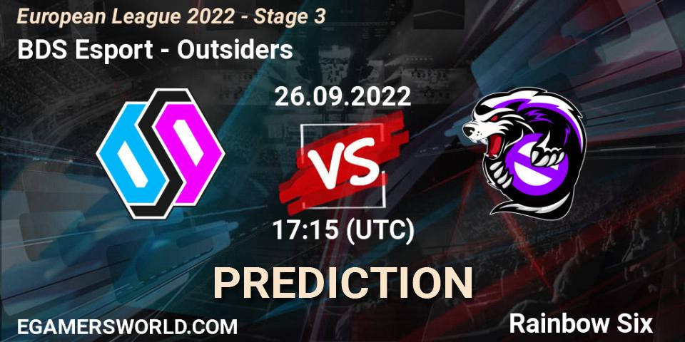 BDS Esport contre Outsiders : prédiction de match. 26.09.2022 at 17:15. Rainbow Six, European League 2022 - Stage 3