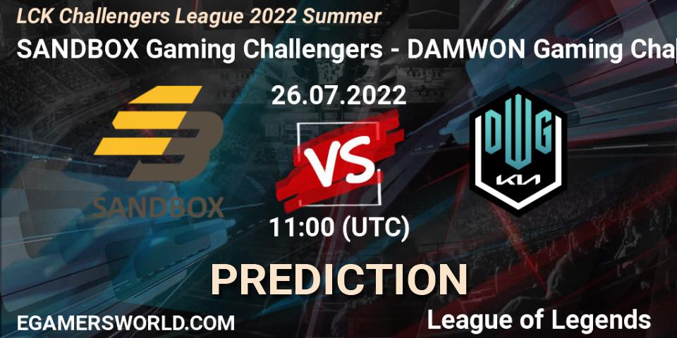 SANDBOX Gaming Challengers contre DAMWON Gaming Challengers : prédiction de match. 26.07.2022 at 11:00. LoL, LCK Challengers League 2022 Summer