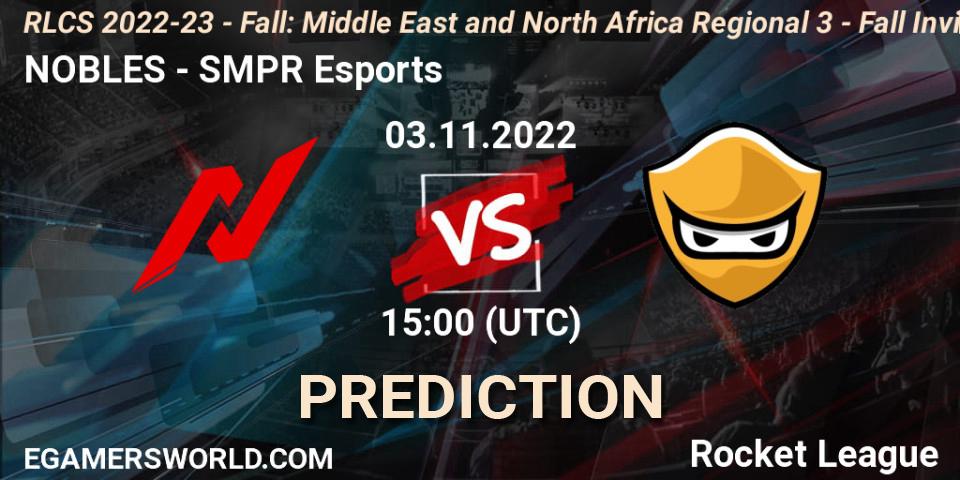 NOBLES contre SMPR Esports : prédiction de match. 03.11.2022 at 15:00. Rocket League, RLCS 2022-23 - Fall: Middle East and North Africa Regional 3 - Fall Invitational
