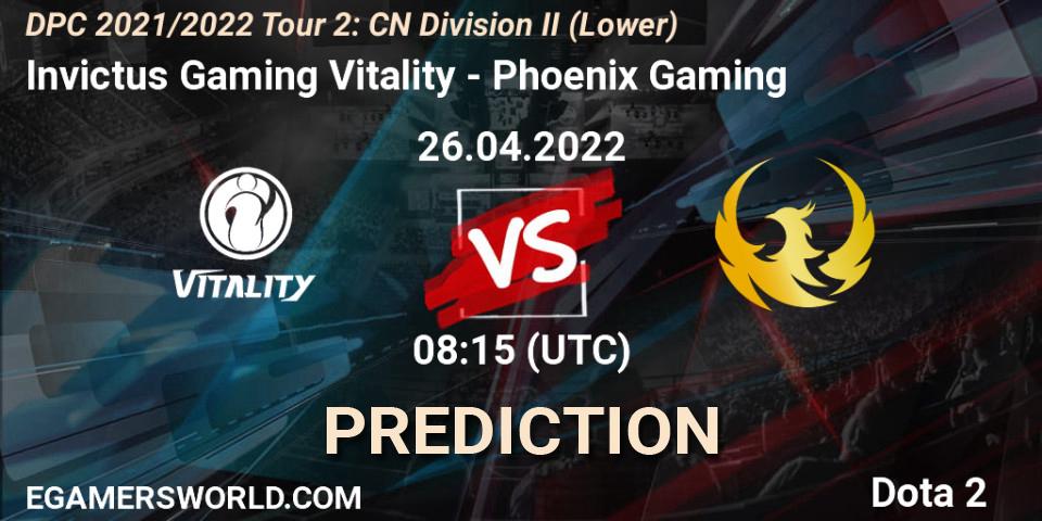 Invictus Gaming Vitality contre Phoenix Gaming : prédiction de match. 26.04.2022 at 08:22. Dota 2, DPC 2021/2022 Tour 2: CN Division II (Lower)