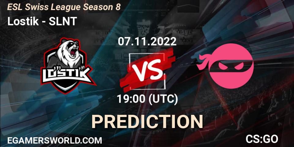 Lostik contre SLNT : prédiction de match. 07.11.2022 at 19:00. Counter-Strike (CS2), ESL Swiss League Season 8