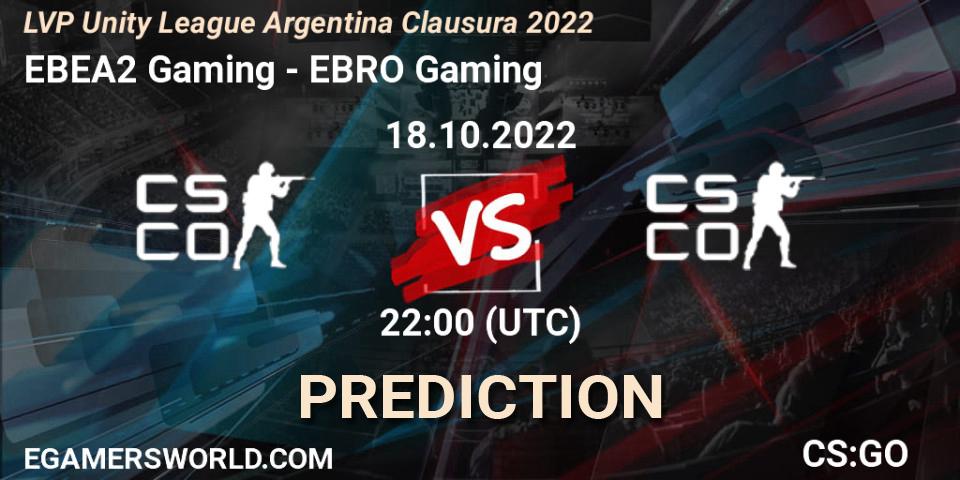 EBEA2 Gaming contre EBRO Gaming : prédiction de match. 18.10.2022 at 22:00. Counter-Strike (CS2), LVP Unity League Argentina Clausura 2022