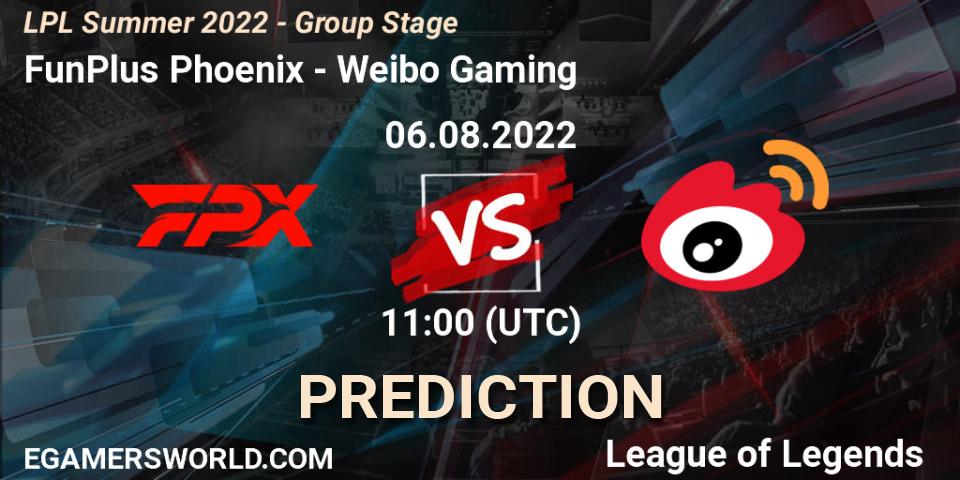 FunPlus Phoenix contre Weibo Gaming : prédiction de match. 06.08.22. LoL, LPL Summer 2022 - Group Stage