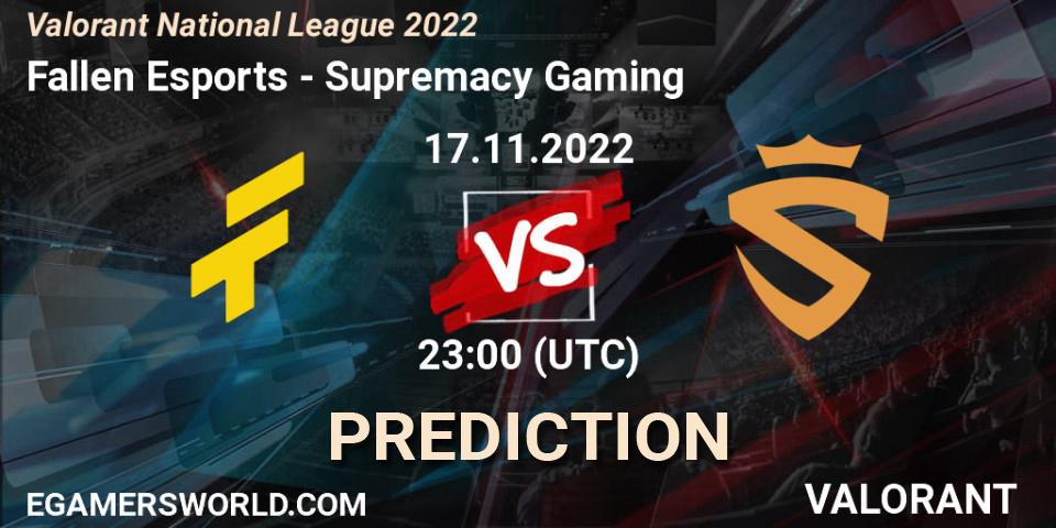 Fallen Esports contre Supremacy Gaming : prédiction de match. 17.11.2022 at 23:00. VALORANT, Valorant National League 2022