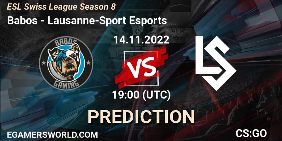 Babos contre Lausanne-Sport Esports : prédiction de match. 14.11.2022 at 19:00. Counter-Strike (CS2), ESL Swiss League Season 8