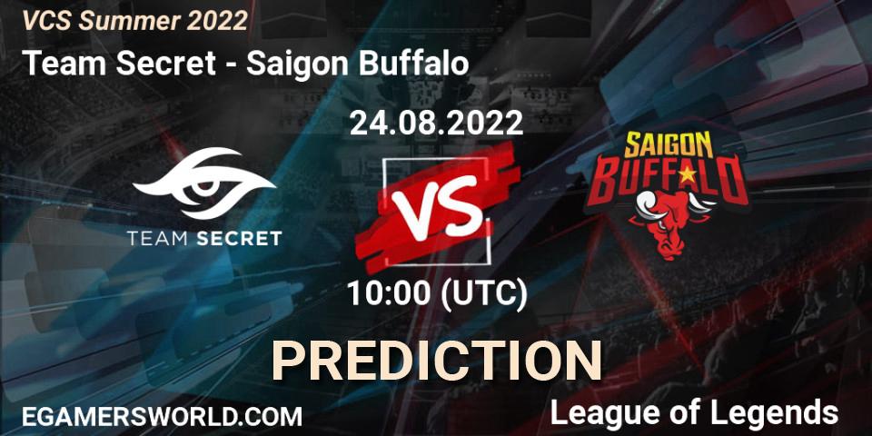 Team Secret contre Saigon Buffalo : prédiction de match. 24.08.2022 at 10:00. LoL, VCS Summer 2022
