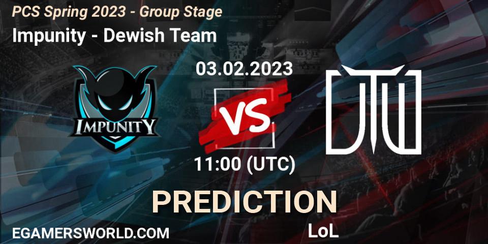 Impunity contre Dewish Team : prédiction de match. 03.02.2023 at 11:40. LoL, PCS Spring 2023 - Group Stage