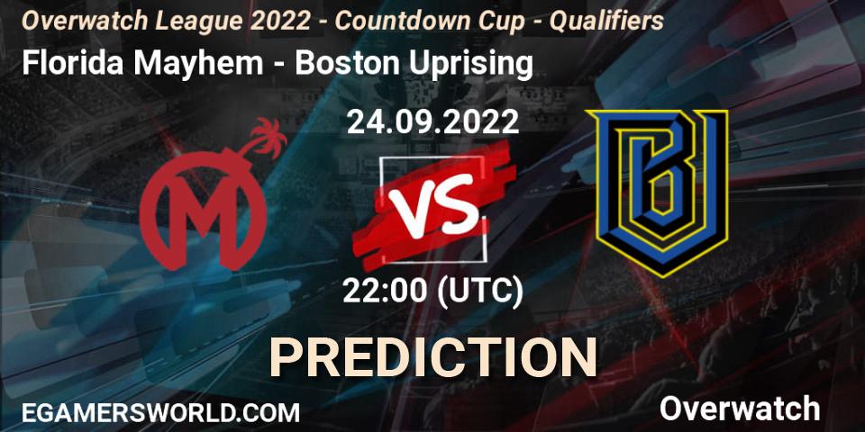 Florida Mayhem contre Boston Uprising : prédiction de match. 24.09.2022 at 22:00. Overwatch, Overwatch League 2022 - Countdown Cup - Qualifiers