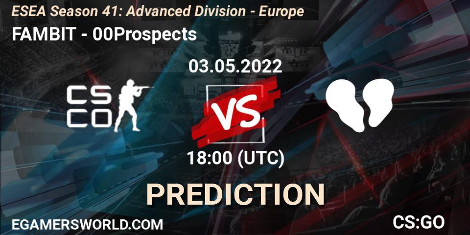 FAMBIT contre 00Prospects : prédiction de match. 03.05.2022 at 18:00. Counter-Strike (CS2), ESEA Season 41: Advanced Division - Europe