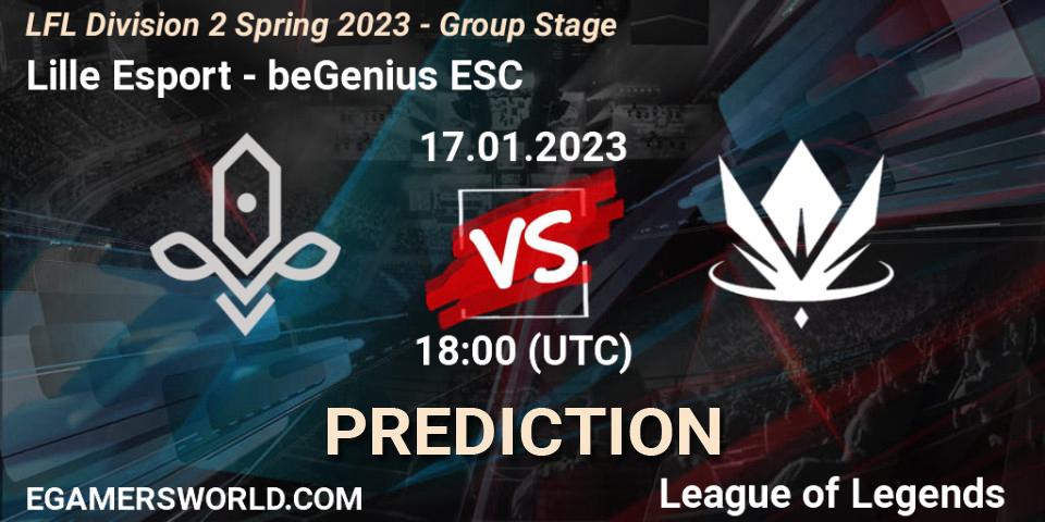 Lille Esport contre beGenius ESC : prédiction de match. 17.01.2023 at 18:00. LoL, LFL Division 2 Spring 2023 - Group Stage