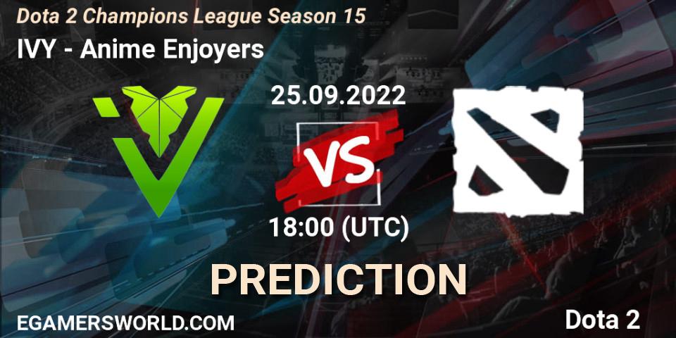 IVY contre Anime Enjoyers : prédiction de match. 25.09.2022 at 18:02. Dota 2, Dota 2 Champions League Season 15
