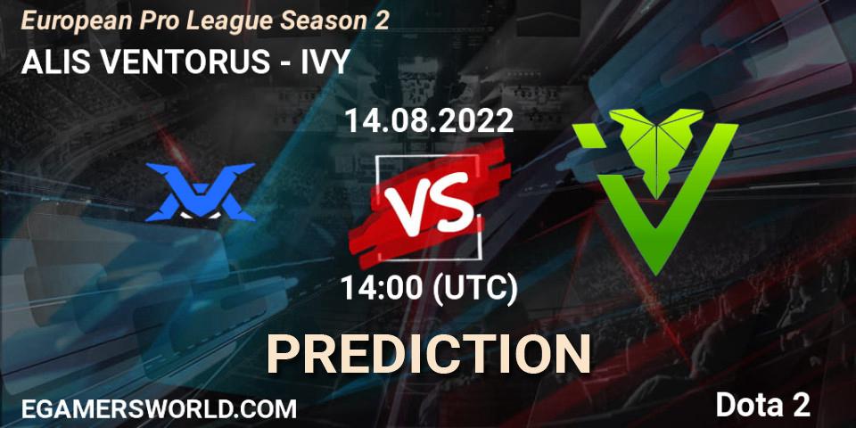 ALIS VENTORUS contre IVY : prédiction de match. 14.08.2022 at 15:06. Dota 2, European Pro League Season 2