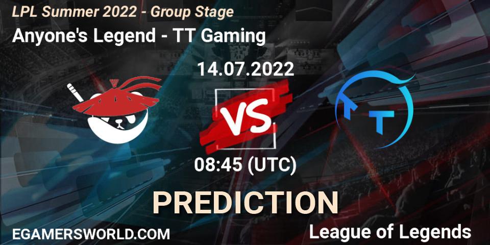 Anyone's Legend contre TT Gaming : prédiction de match. 14.07.2022 at 09:00. LoL, LPL Summer 2022 - Group Stage