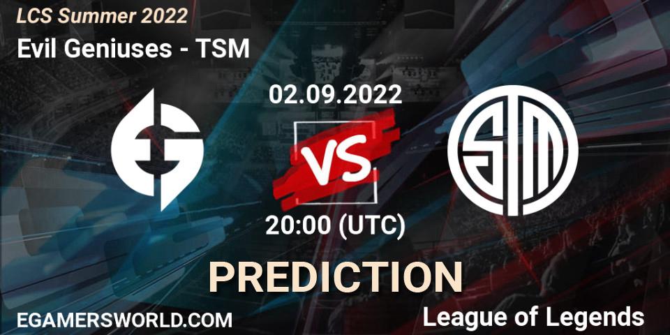 Evil Geniuses contre TSM : prédiction de match. 02.09.2022 at 20:00. LoL, LCS Summer 2022