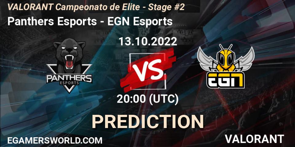 Panthers Esports contre EGN Esports : prédiction de match. 13.10.2022 at 20:10. VALORANT, VALORANT Campeonato de Elite - Stage #2