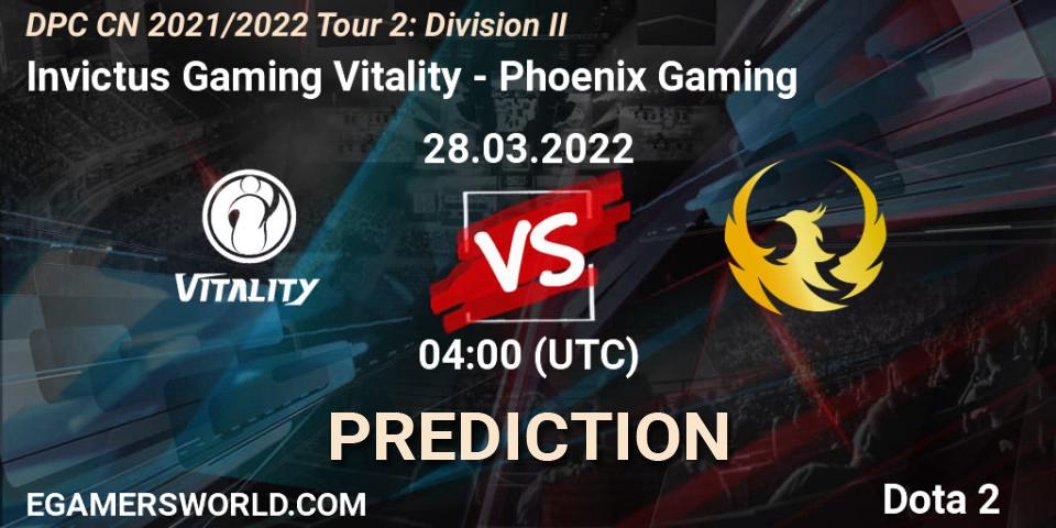 Invictus Gaming Vitality contre Phoenix Gaming : prédiction de match. 28.03.2022 at 04:04. Dota 2, DPC 2021/2022 Tour 2: CN Division II (Lower)
