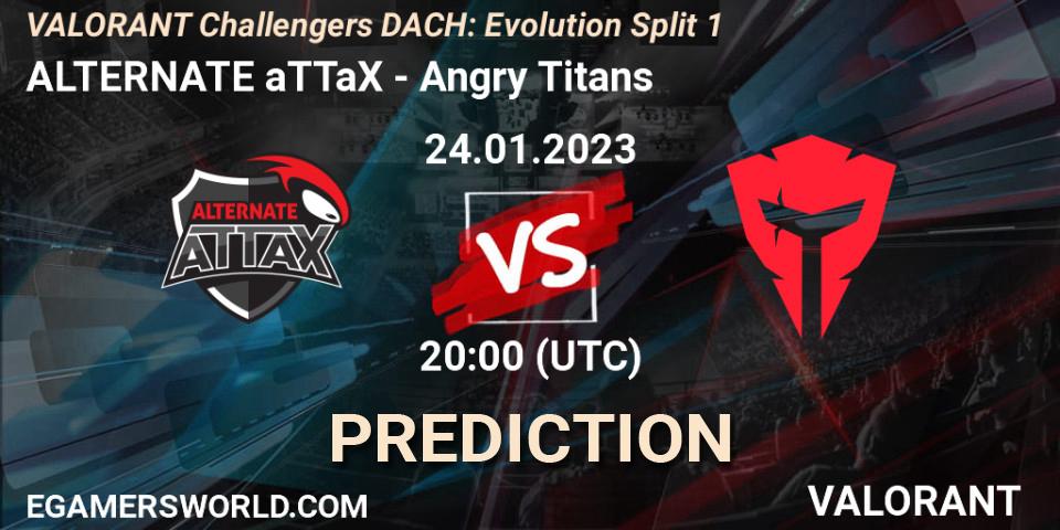 ALTERNATE aTTaX contre Angry Titans : prédiction de match. 24.01.2023 at 20:00. VALORANT, VALORANT Challengers 2023 DACH: Evolution Split 1