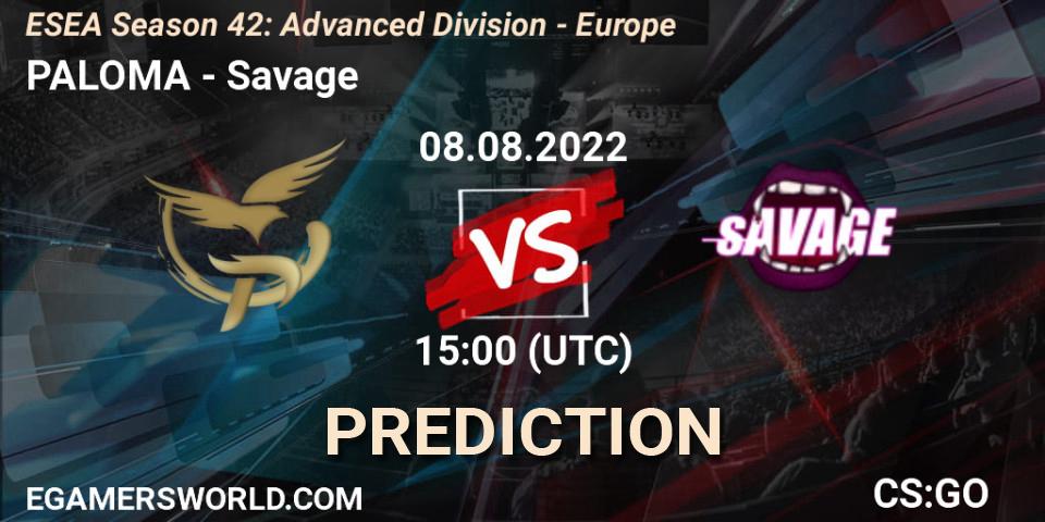 PALOMA contre Savage : prédiction de match. 08.08.2022 at 15:00. Counter-Strike (CS2), ESEA Season 42: Advanced Division - Europe