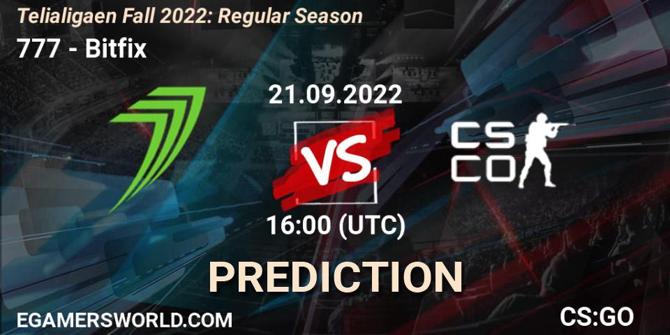 777 contre Bitfix : prédiction de match. 21.09.2022 at 16:00. Counter-Strike (CS2), Telialigaen Fall 2022: Regular Season