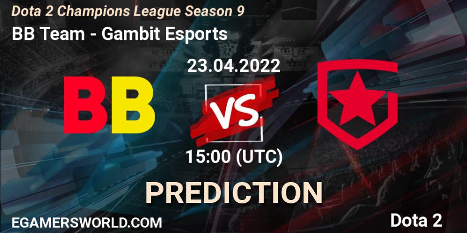 BB Team contre Gambit Esports : prédiction de match. 23.04.2022 at 15:01. Dota 2, Dota 2 Champions League Season 9