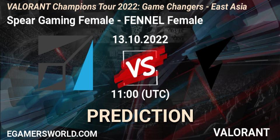 Spear Gaming Female contre FENNEL Female : prédiction de match. 13.10.2022 at 11:00. VALORANT, VCT 2022: Game Changers - East Asia