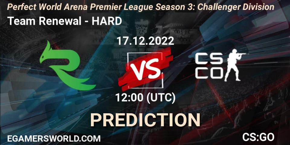Team Renewal contre HARD : prédiction de match. 17.12.2022 at 12:00. Counter-Strike (CS2), Perfect World Arena Premier League Season 3: Challenger Division