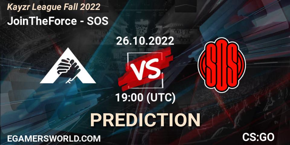 JoinTheForce contre SOS : prédiction de match. 26.10.2022 at 19:00. Counter-Strike (CS2), Kayzr League Fall 2022