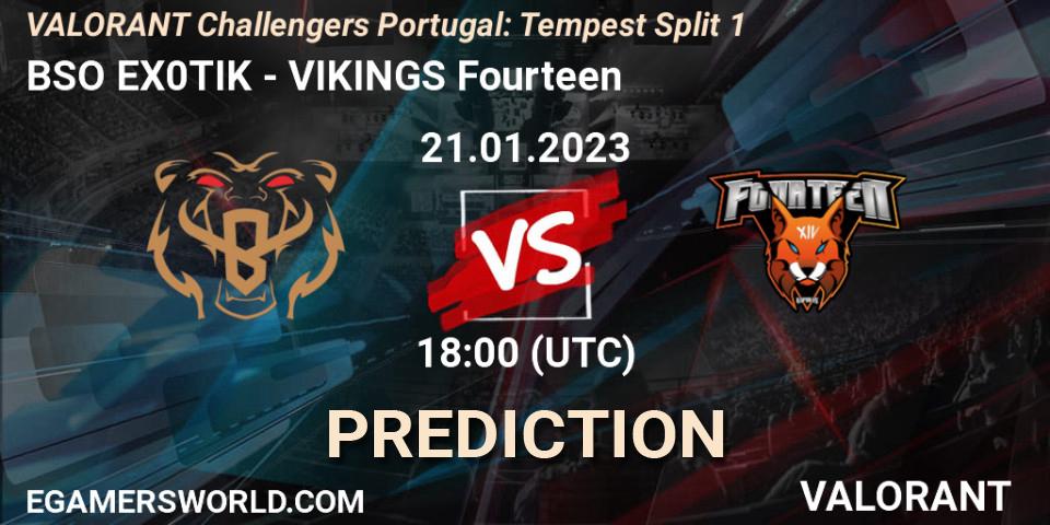 BSO EX0TIK contre VIKINGS Fourteen : prédiction de match. 21.01.2023 at 18:30. VALORANT, VALORANT Challengers 2023 Portugal: Tempest Split 1
