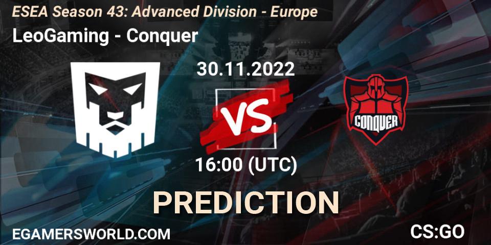 LeoGaming contre Conquer : prédiction de match. 01.12.22. CS2 (CS:GO), ESEA Season 43: Advanced Division - Europe