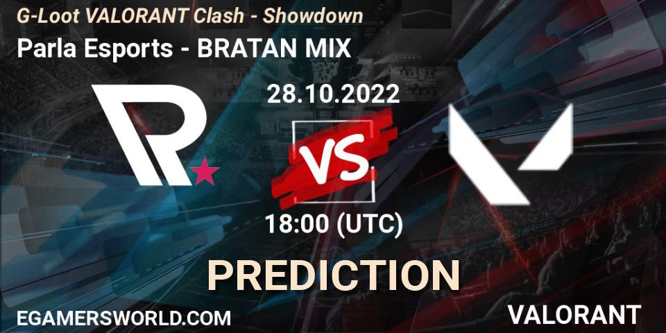 Parla Esports contre BRATAN MIX : prédiction de match. 28.10.2022 at 18:10. VALORANT, G-Loot VALORANT Clash - Showdown