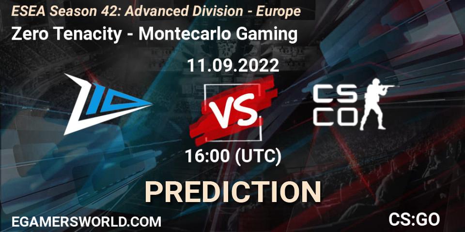 Zero Tenacity contre Montecarlo Gaming : prédiction de match. 11.09.2022 at 16:00. Counter-Strike (CS2), ESEA Season 42: Advanced Division - Europe