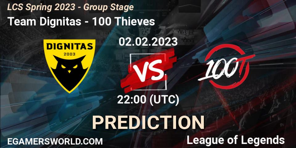 Team Dignitas contre 100 Thieves : prédiction de match. 03.02.2023 at 00:00. LoL, LCS Spring 2023 - Group Stage