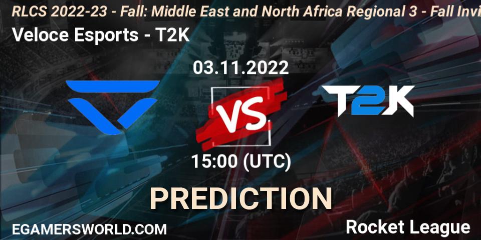 Veloce Esports contre T2K : prédiction de match. 03.11.22. Rocket League, RLCS 2022-23 - Fall: Middle East and North Africa Regional 3 - Fall Invitational
