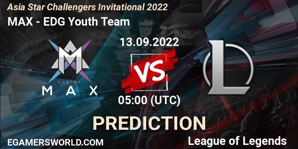 MAX contre EDward Gaming Youth Team : prédiction de match. 13.09.2022 at 05:00. LoL, Asia Star Challengers Invitational 2022