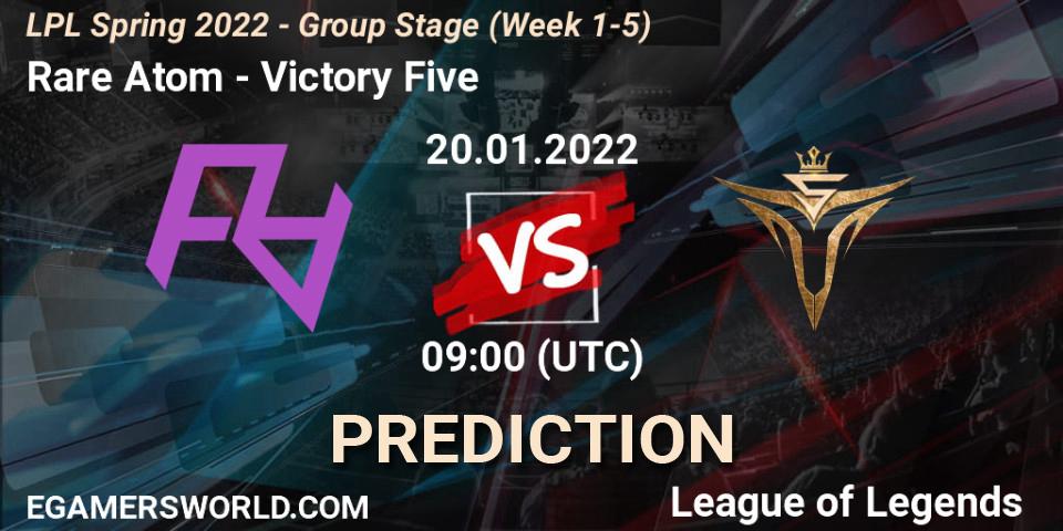 Rare Atom contre Victory Five : prédiction de match. 20.01.2022 at 09:00. LoL, LPL Spring 2022 - Group Stage (Week 1-5)