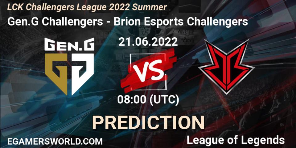Gen.G Challengers contre Brion Esports Challengers : prédiction de match. 21.06.2022 at 08:00. LoL, LCK Challengers League 2022 Summer