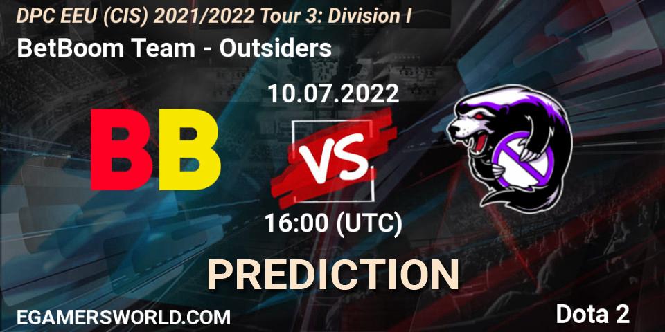 BetBoom Team contre Outsiders : prédiction de match. 10.07.2022 at 13:00. Dota 2, DPC EEU (CIS) 2021/2022 Tour 3: Division I