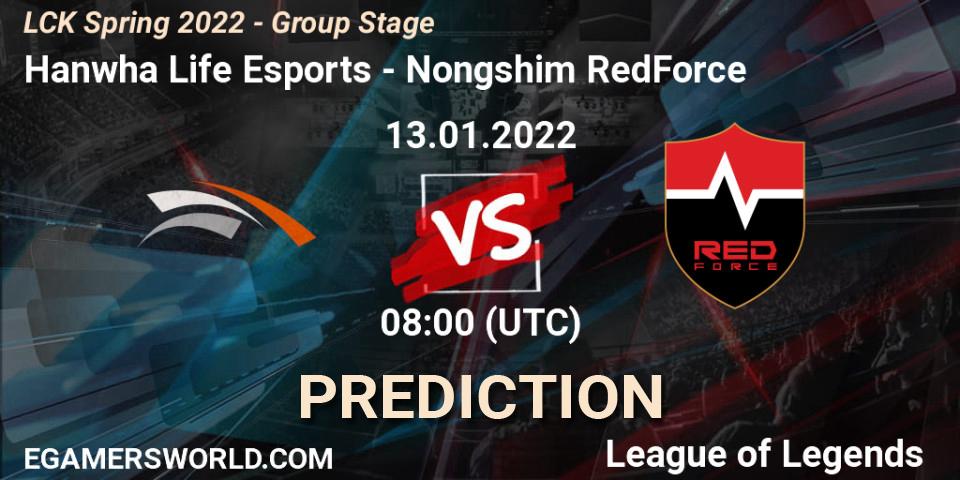 Hanwha Life Esports contre Nongshim RedForce : prédiction de match. 13.01.2022 at 08:00. LoL, LCK Spring 2022 - Group Stage